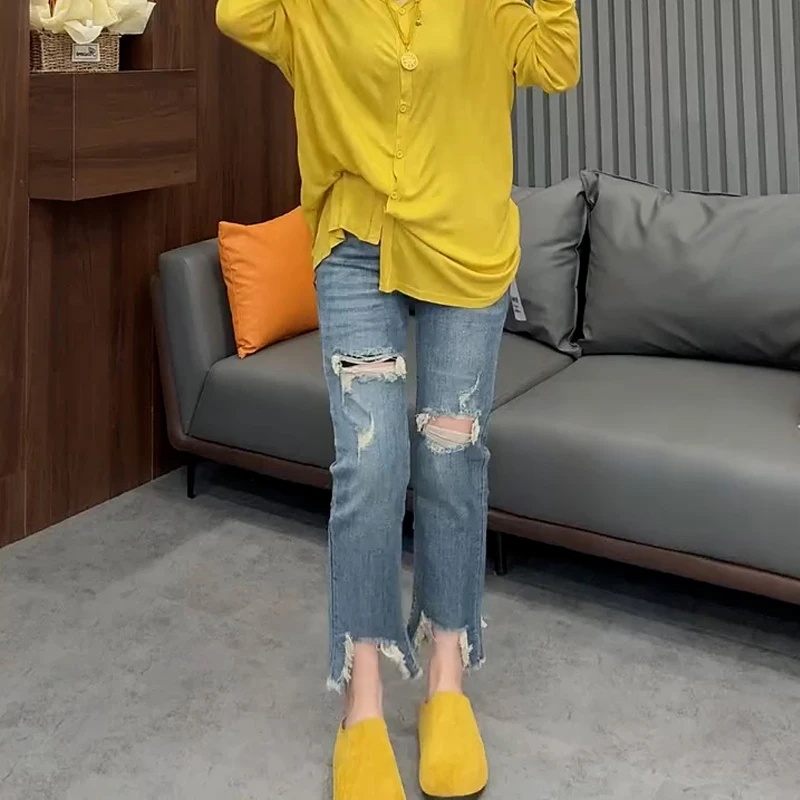 蓝色破洞直筒牛仔裤女夏薄款大码胖mm高腰宽松显瘦毛边九分烟管裤