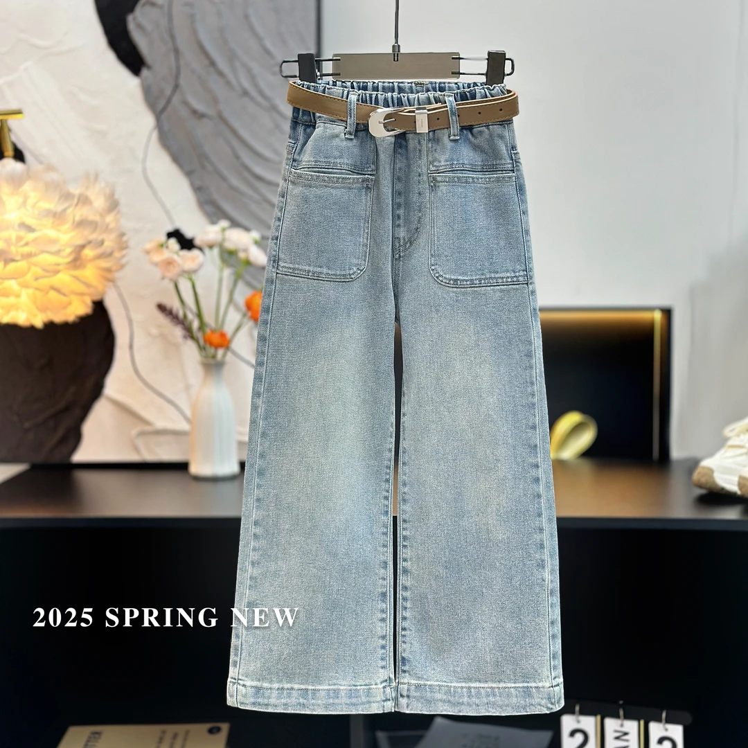 高定【春款牛仔裤】女童牛仔裤大方兜设计款宽松直筒阔腿裤1116