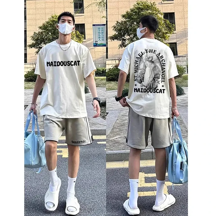 美式高街潮牌重磅100%短袖T恤男夏季hiphop复古宽松正肩圆领上衣