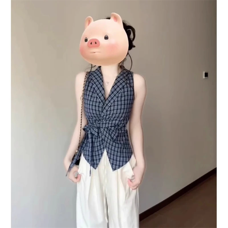 复古辣妹V领蝴蝶结绑带蓝色格子衬衫背心女夏季修身无袖绝美上衣