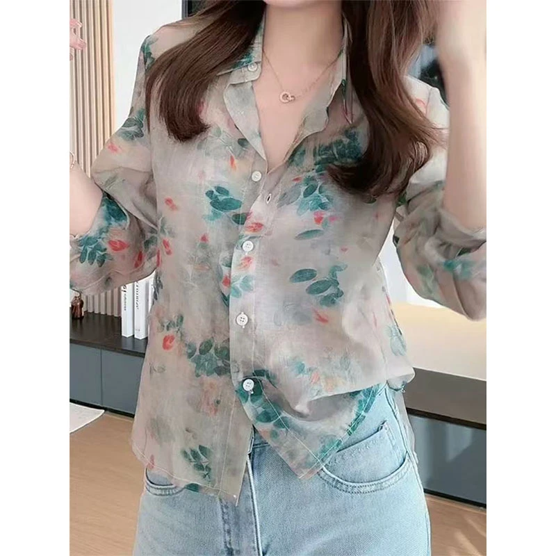 复古港味宽松碎花长袖衬衫女度假风ins防晒衬衫设计感小众上衣潮