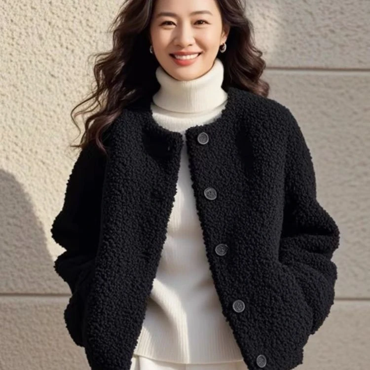 羊羔毛绒短款外套女春秋冬季新款时尚保暖休闲黑色颗粒绒毛呢上衣