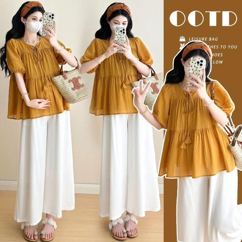 孕妇装夏季新款韩版时尚泡泡袖娃娃衫上衣衬衫减龄显瘦雪纺衫夏装