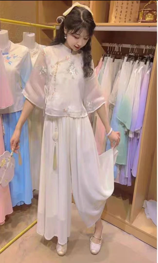 仙姿白羽2025年新款夏装女高级感唯美刺绣新中式衬衫裤裙两件套装