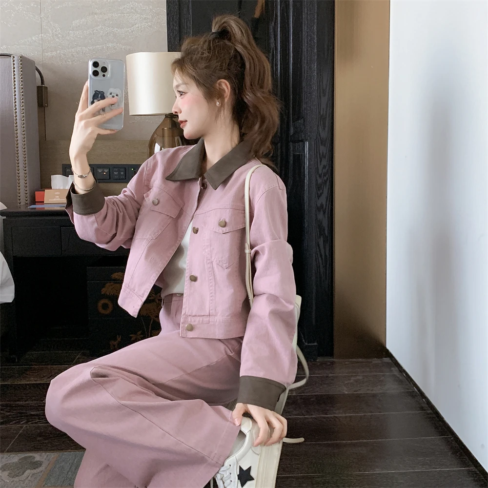 撞色设计工装牛仔套装女春秋2025新款高级感超火减龄两件套爆款