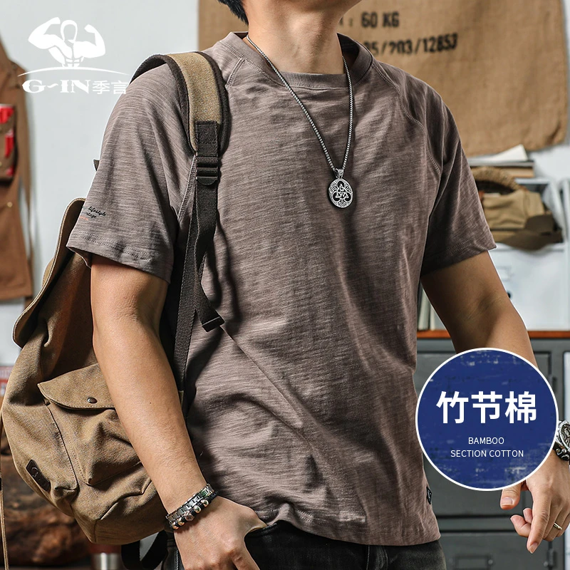 季言重磅竹节棉短袖男潮牌潮流 美式复古t恤圆领插肩半袖爆款上衣