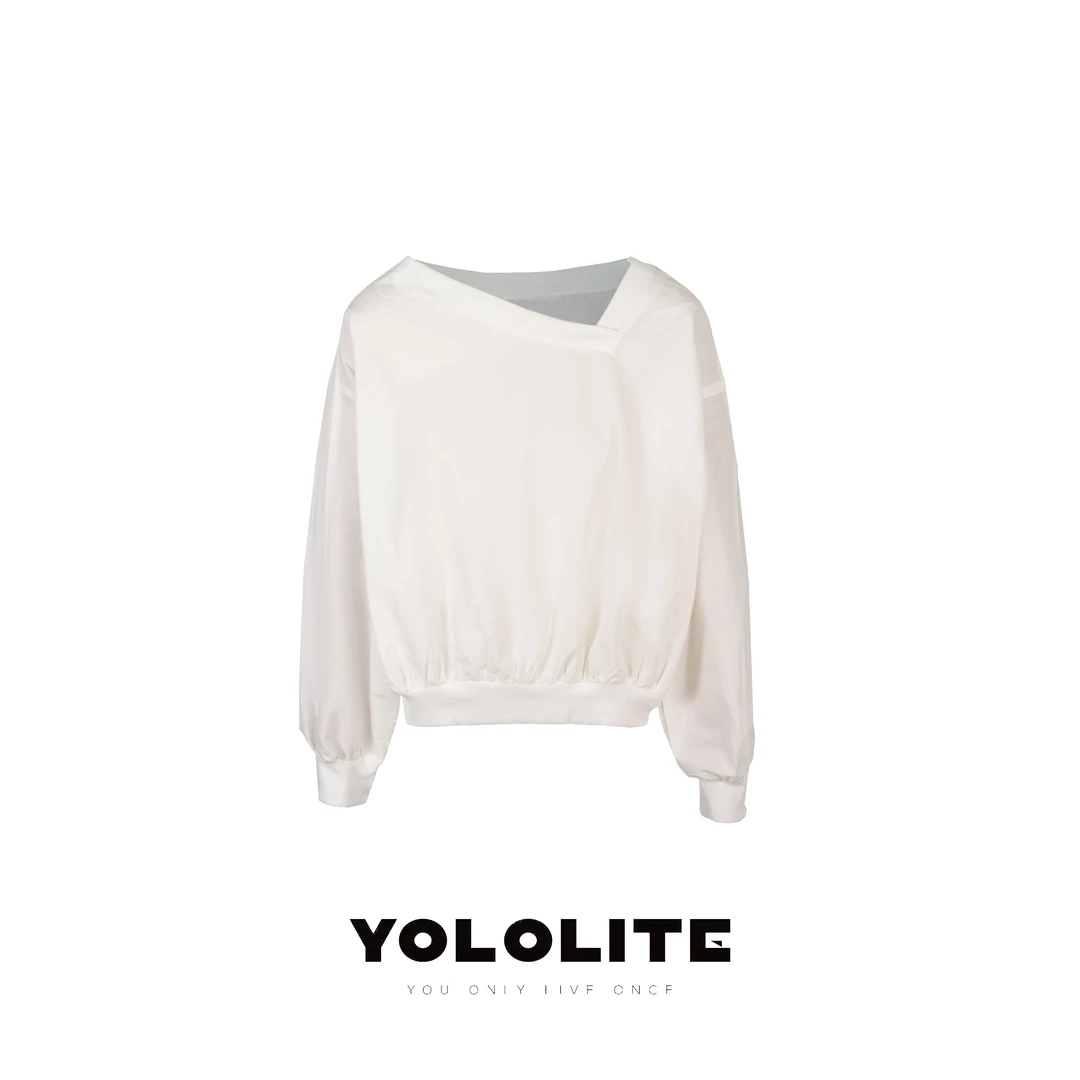 YOLOLITE【一涵】2619夏季新款高级感斜口V领套头长袖白T