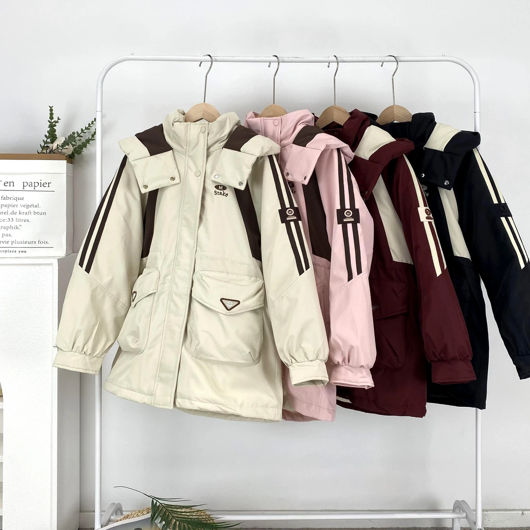 时尚中长款韩版派克棉服女2024冬季新款拼色加厚保暖工装8A28