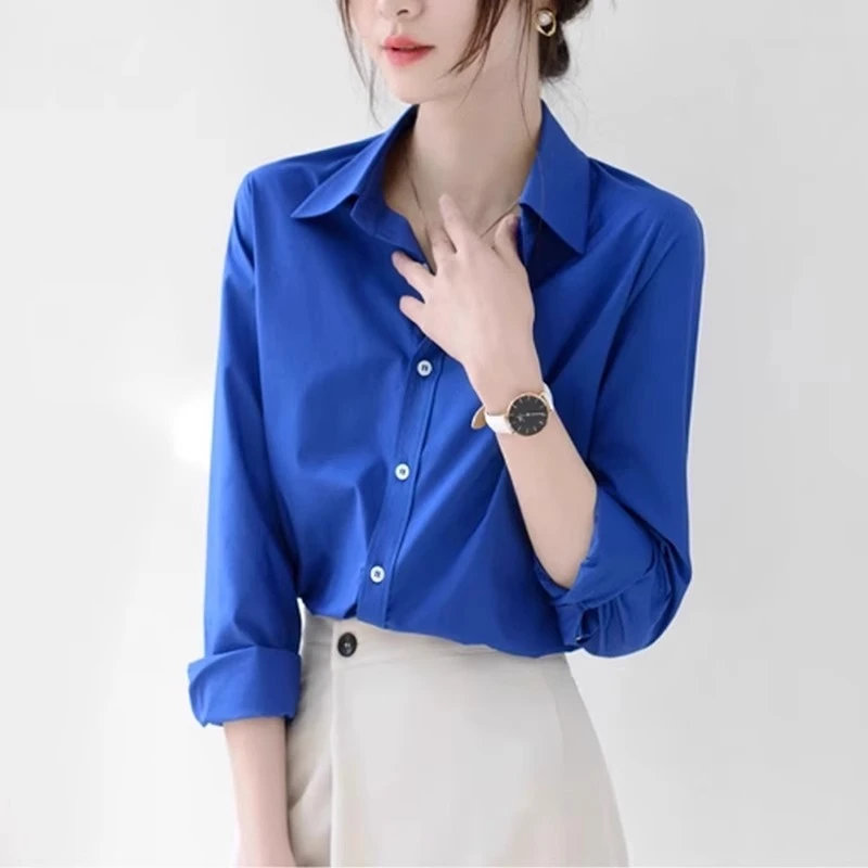 克莱因蓝女春秋高级感小众通勤休闲修身正肩衬衣港风温婉大方职场