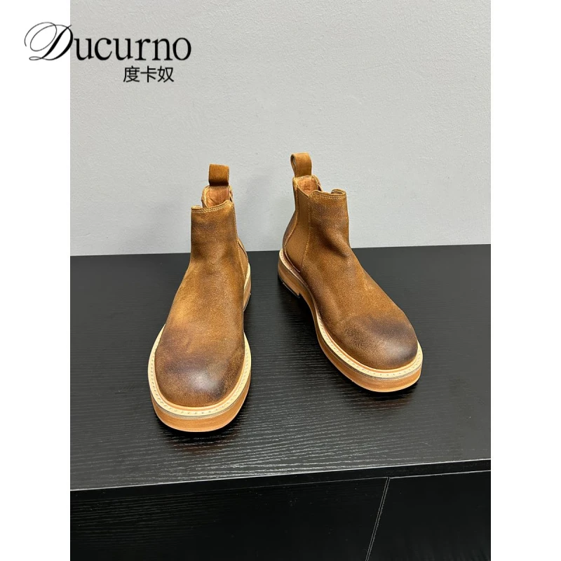 度卡奴切尔西靴男短靴新品复古英伦风烟筒靴厚底牛皮大黄靴真皮