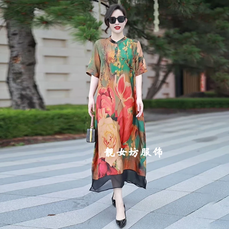 垂坠感原创大码连衣裙夏季新款宽松遮肚中长裙时髦立领洋气长裙子