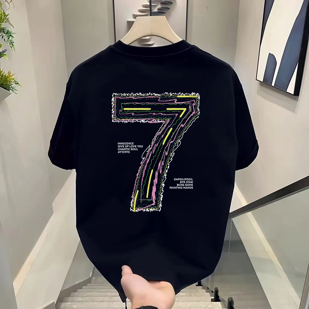 100%纯棉重磅优质短袖港风创意数字7潮牌T恤夏季新款男装宽松半袖