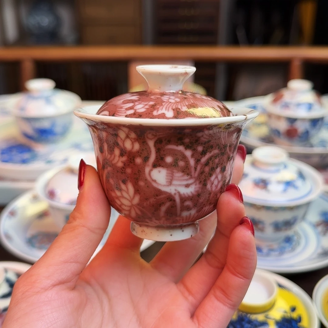 杯重工撒红釉里红一鹭连升盖碗