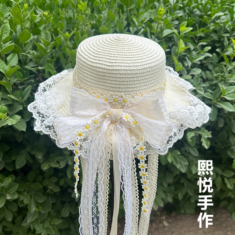 lolita手作优雅草帽生成色cla雏菊蕾丝蝴蝶结草帽菊花lo娘遮阳帽