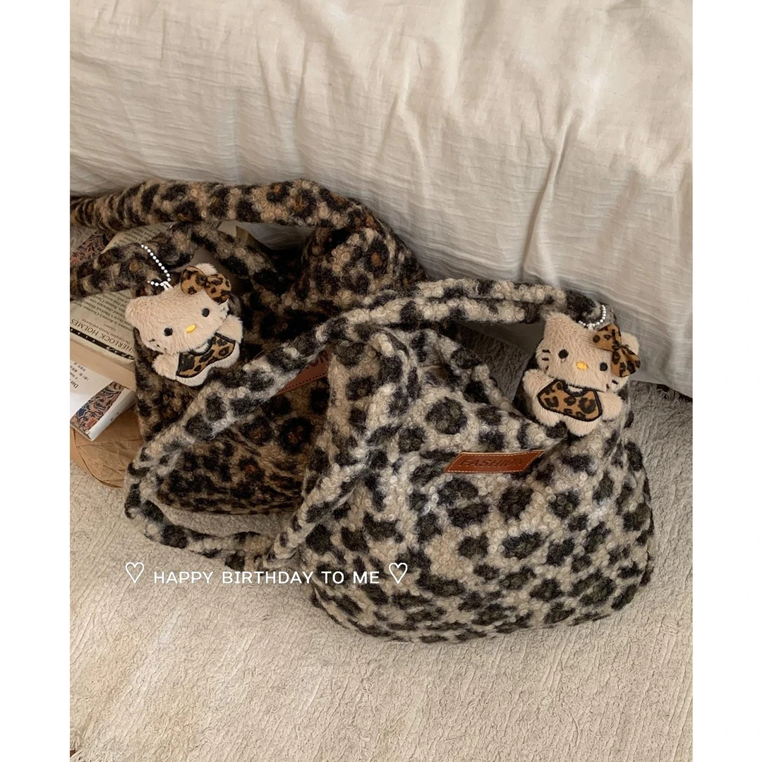 秋冬豹纹毛绒包包女2025新款潮时尚学院风托特包韩版大容量毛毛包