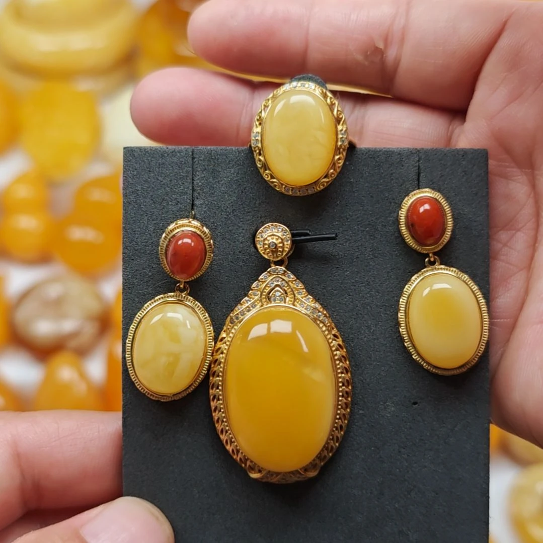 银S925镀金镶嵌吊坠(赠链)蜜蜡三件套