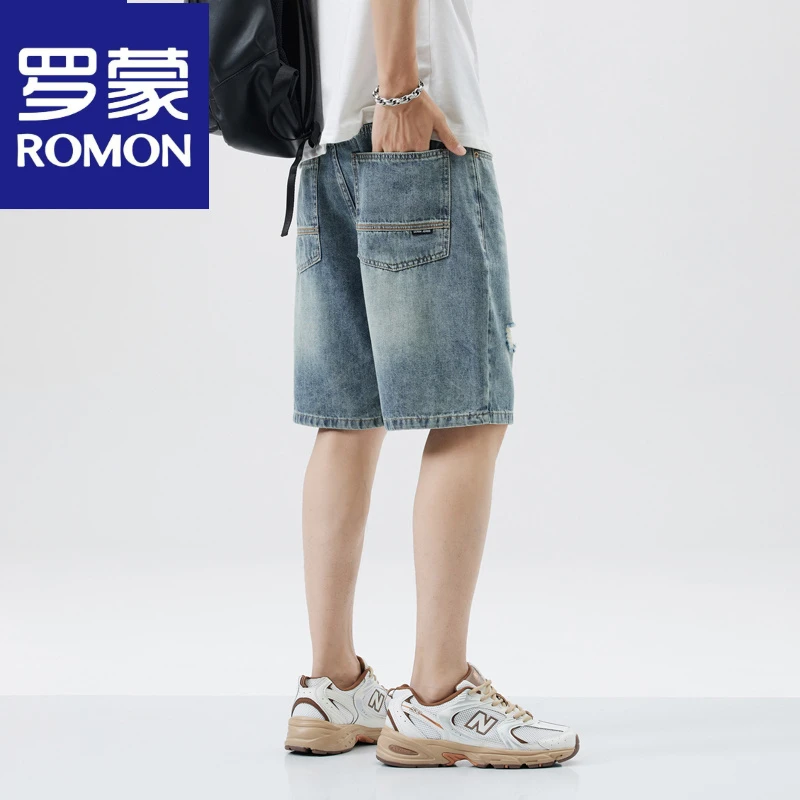 罗蒙2025春夏季潮牌牛仔短裤男宽松百搭大码五分牛仔裤男