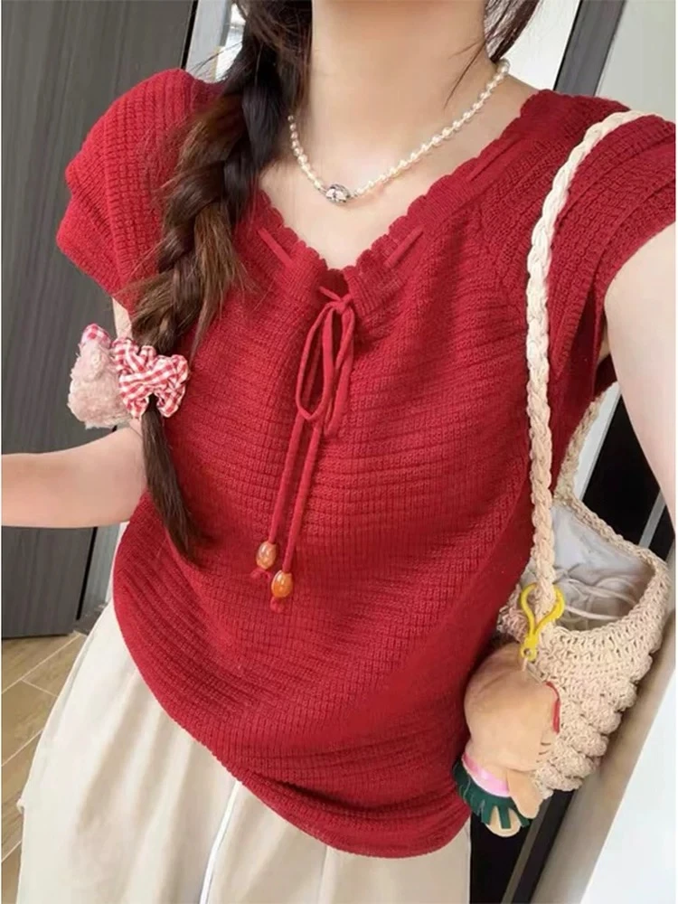 【清货】甜美风小清新圆领绑带针织衫T恤夏季新款气质百搭薄款上衣
