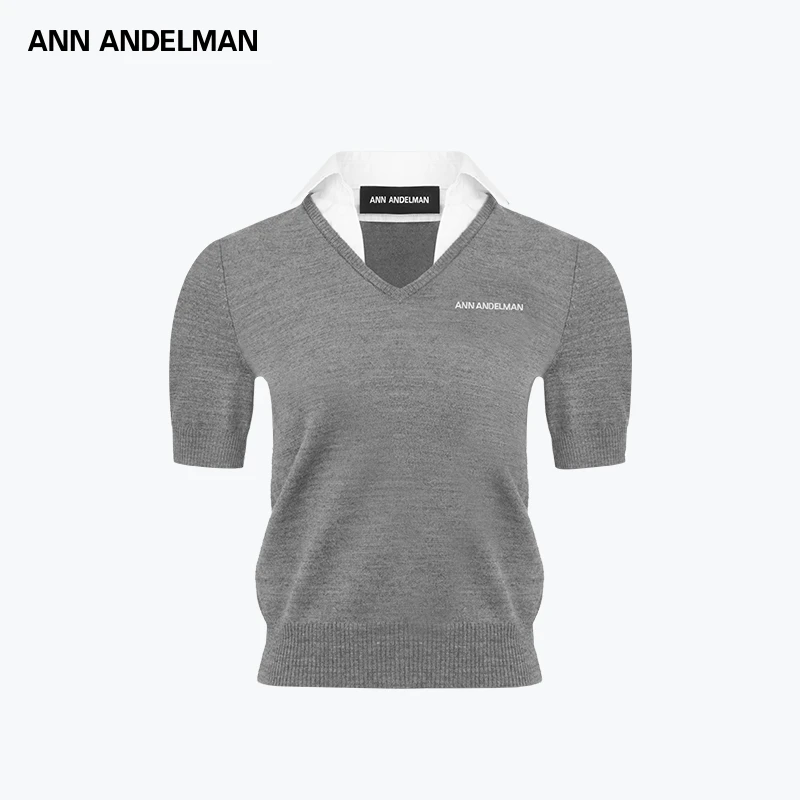 ANN ANDELMAN 25秋冬 时尚设计拼衬衫领V领套头毛织衫