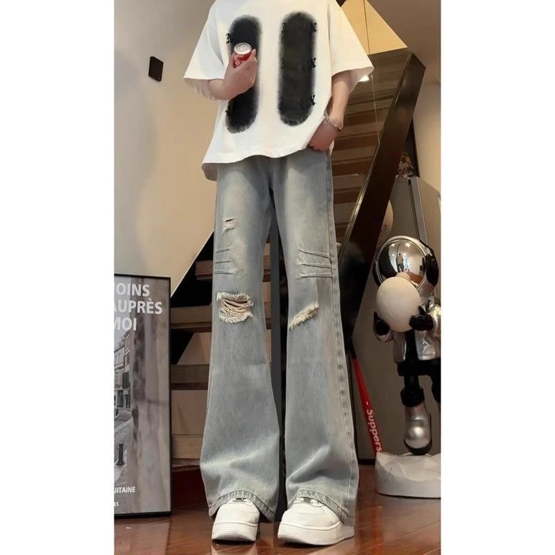 复古潮流破洞牛仔裤男款夏季痞帅设计感裤子高街美式直筒微喇长裤