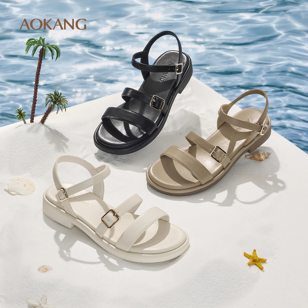 奥康 女鞋2025夏季新款露趾凉鞋女平韩版森系平底百搭沙滩罗马鞋