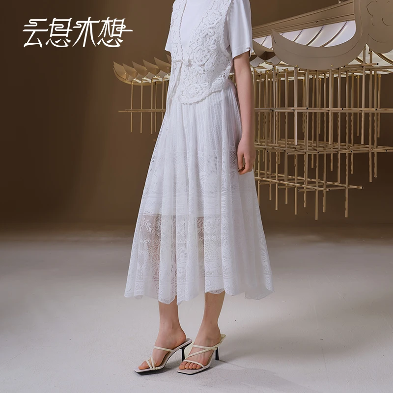 Ysimo-X云思木想 蝶舞花开 蝴蝶花朵蕾丝橡筋腰中长款半身裙12681