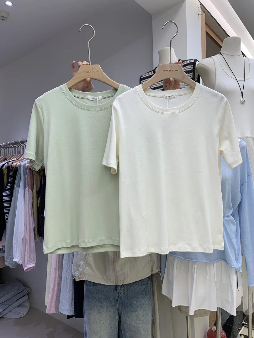 温柔瑶-FT#净面圆领休闲百搭短袖T恤#25198