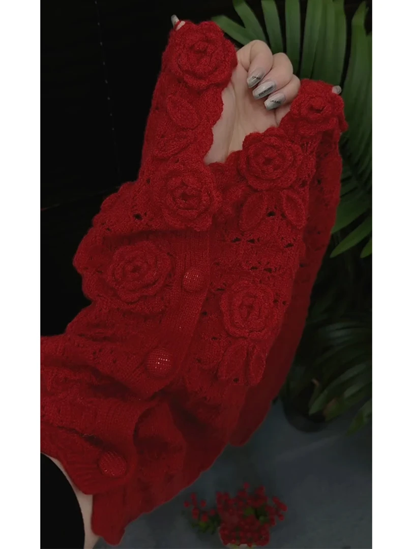 圣诞跨年立体花朵红色针织衫女秋冬季新款高级感修身显瘦毛衣上衣