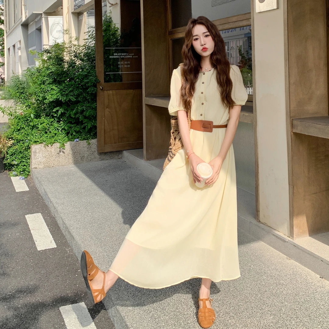 法式气质泡泡袖连衣裙女2025夏季新款温柔系洋气收腰显瘦漂亮长裙