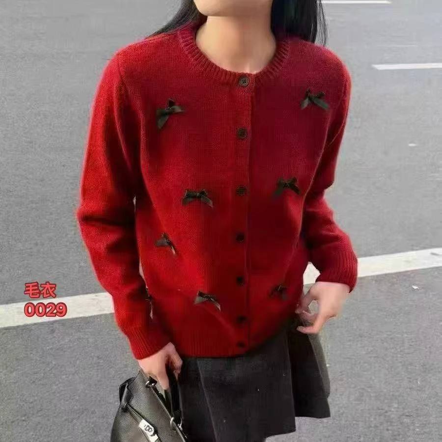 0029意凡秋冬新款蝴蝶结圆领慵懒风百搭针织开衫