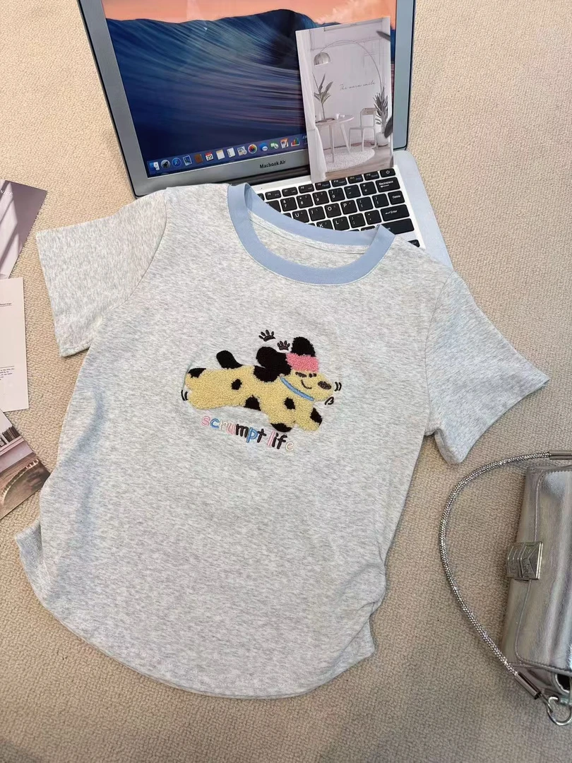 【卡通小狗拼色】植绒正肩短袖t恤2025新款小个子收腰显瘦短款上衣