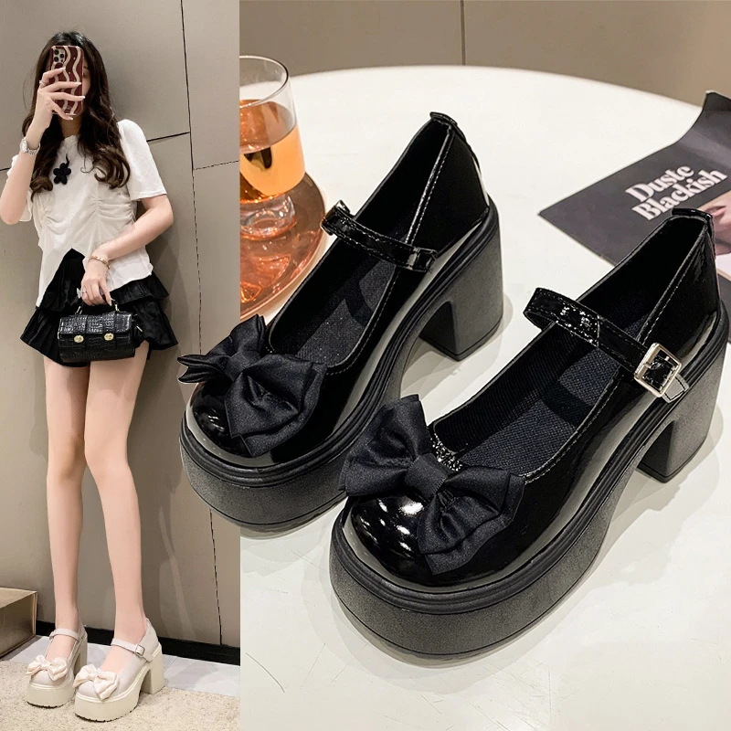 玛丽珍鞋女2025年秋冬新款圆头一字带蝴蝶结小皮鞋粗跟厚底高跟鞋