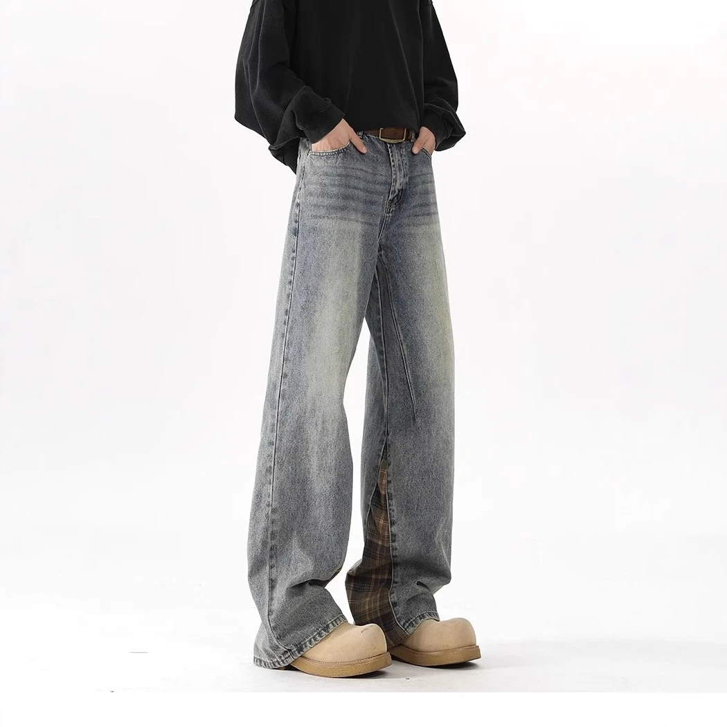 美式拼接牛仔裤弯刀裤潮牌宽松大码格子百搭小众设计感复古阔腿男