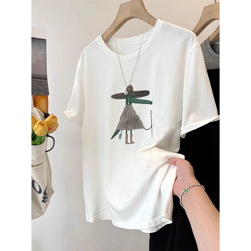 白色雪花棉薄款短袖T恤女夏季2025新款宽松大码200斤胖mm显瘦