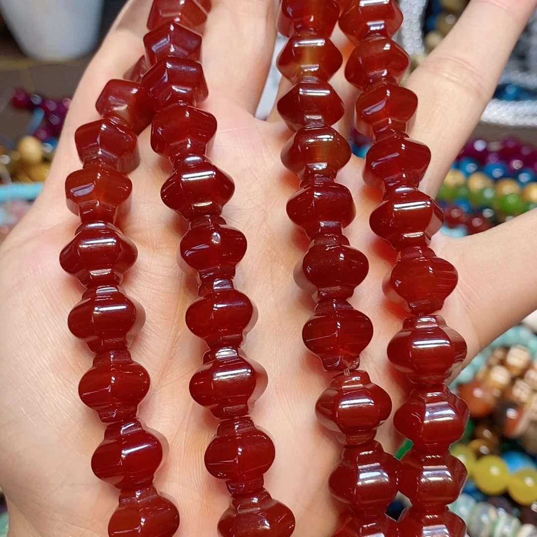 玛瑙/玉髓散珠天然红玛瑙手工雕刻灯笼一条14mm