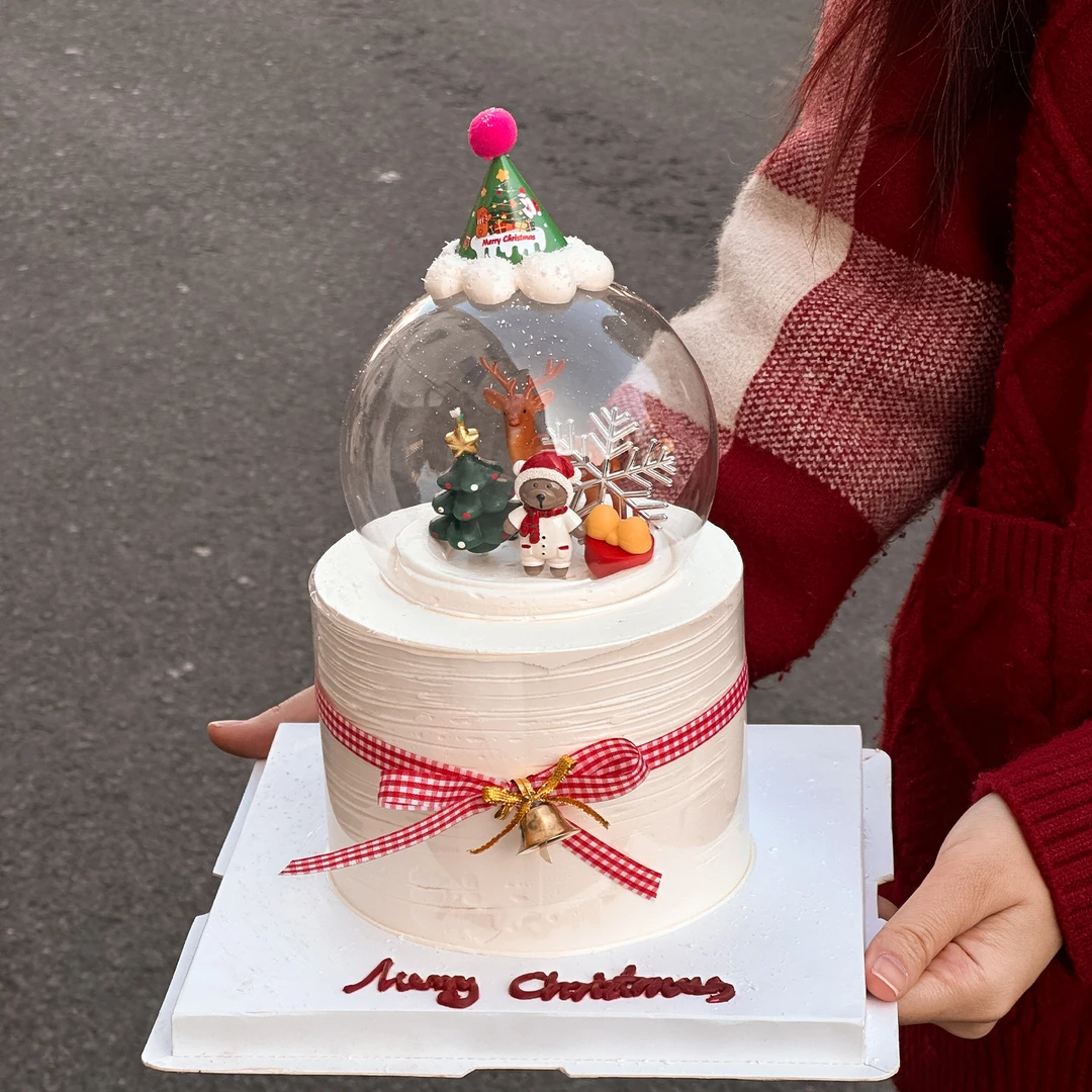 2026圣诞节网红蛋糕装饰水晶球玻璃罩圣诞帽小熊梅花鹿节日摆件