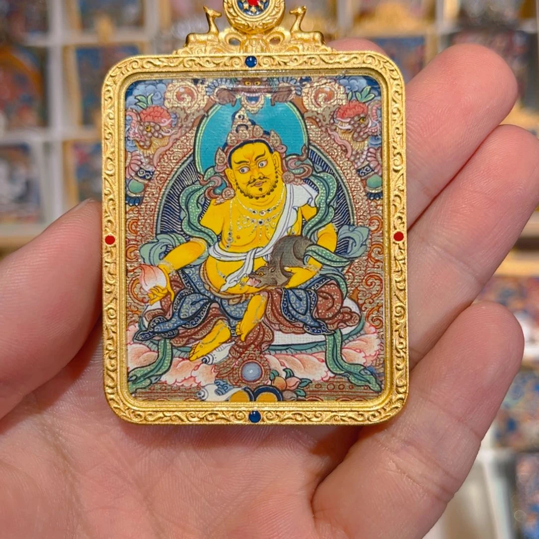 吊坠西藏纯手绘天然矿物质唐卡 黄财神