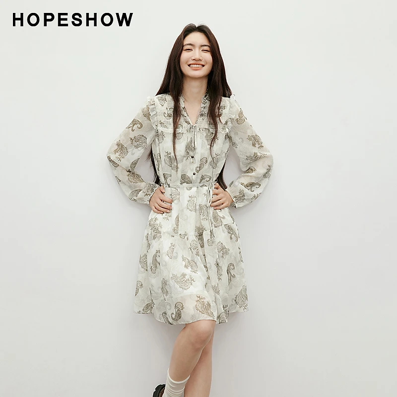 红袖2025秋季新款女装 【蔓染之韵】印花木耳边连衣裙90125261602