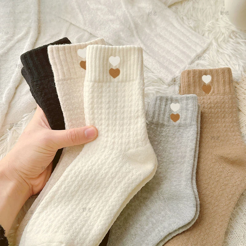 【加厚保暖】袜子女冬季纯色中筒日系爱心毛圈堆堆袜复古学生袜子