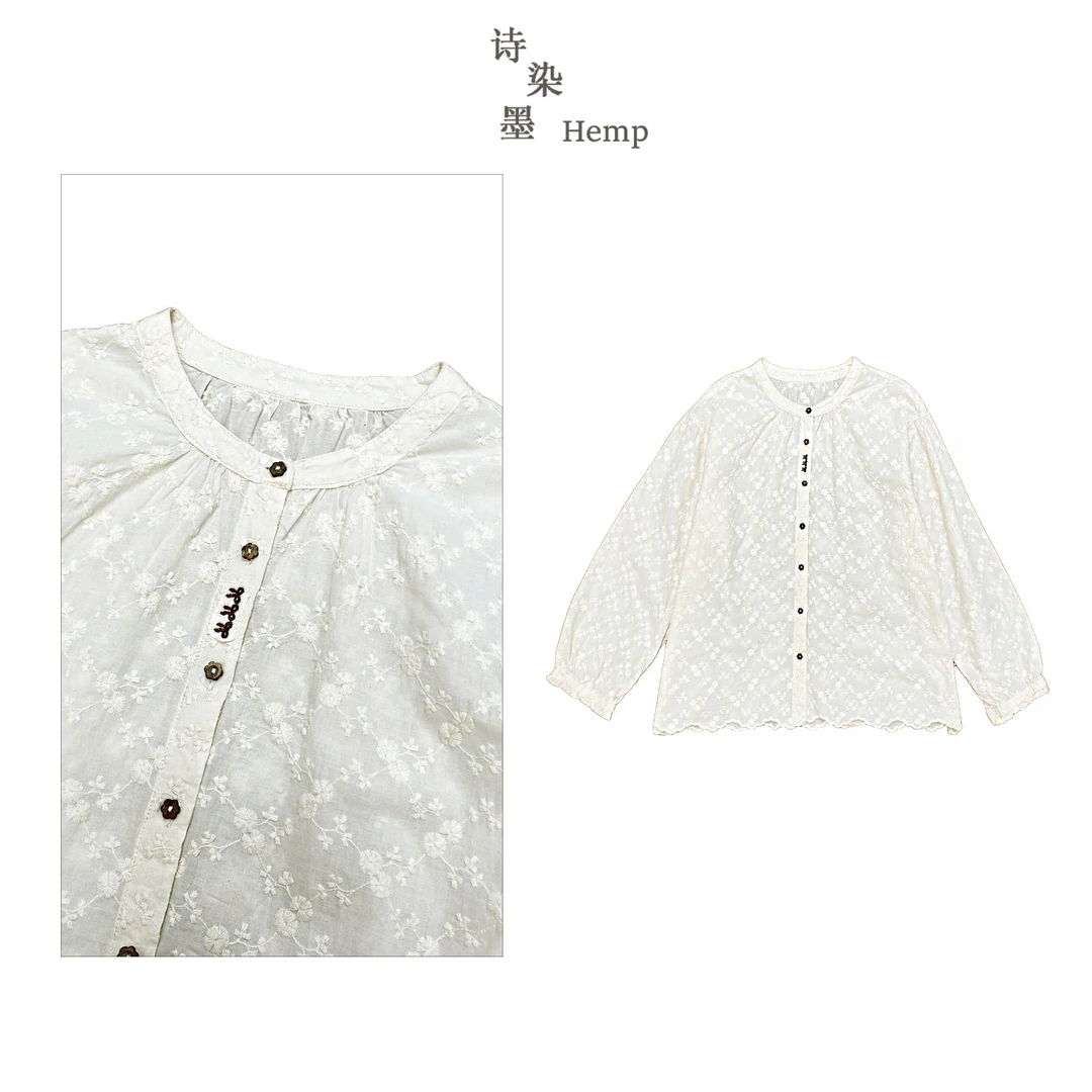 【立领满身刺绣花朵木扣棉衬衫】4916