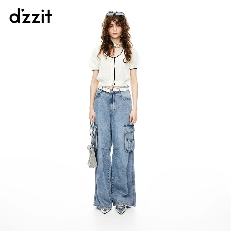 【DZ】dzzit地素针织衫夏季钉珠立体撞色短袖开衫上衣女