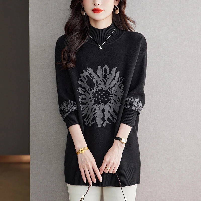 秋冬洋气长袖针织衫女士宽松显瘦中长款毛衣百搭大码半高领打底衫