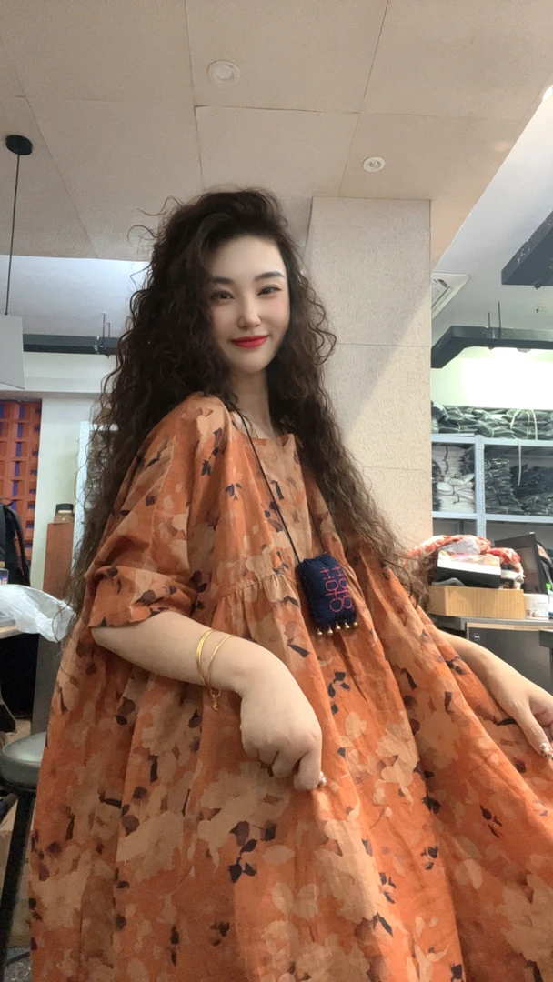 museguhui/木色古汇 02113#加肥印花麻连衣裙气质时尚复古