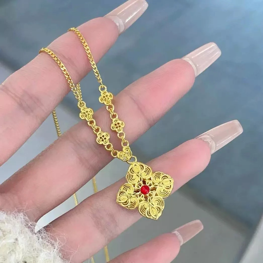 5G黄金足金999 黄金花丝四叶草项链女 足金时尚宫廷风如意