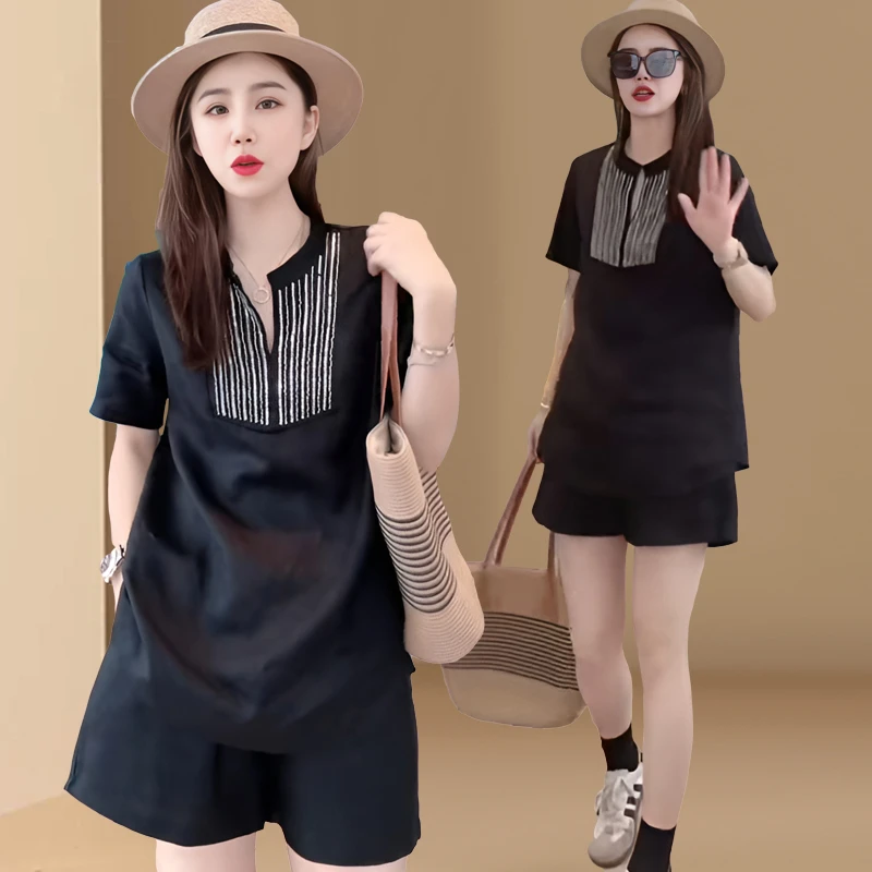 白色衬衫短裤套装女夏季新款高端时尚洋气减龄大码胖MM两件套