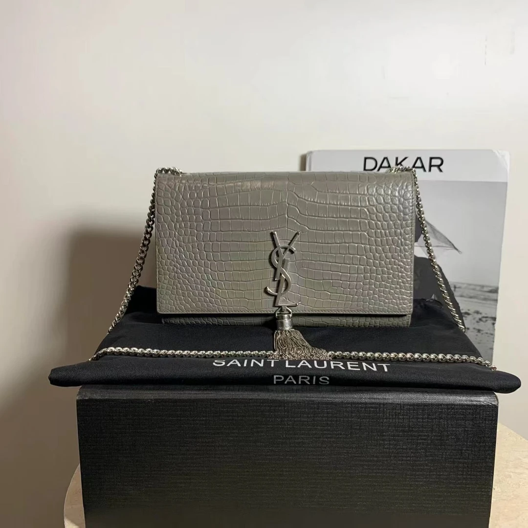 99新 YSL/圣罗兰 壹臻/灰色压纹流苏kate中号包/27258912