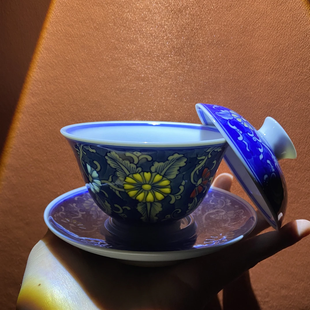 景德镇陶瓷  青花玲珑七彩玲珑盖碗 容量150cc