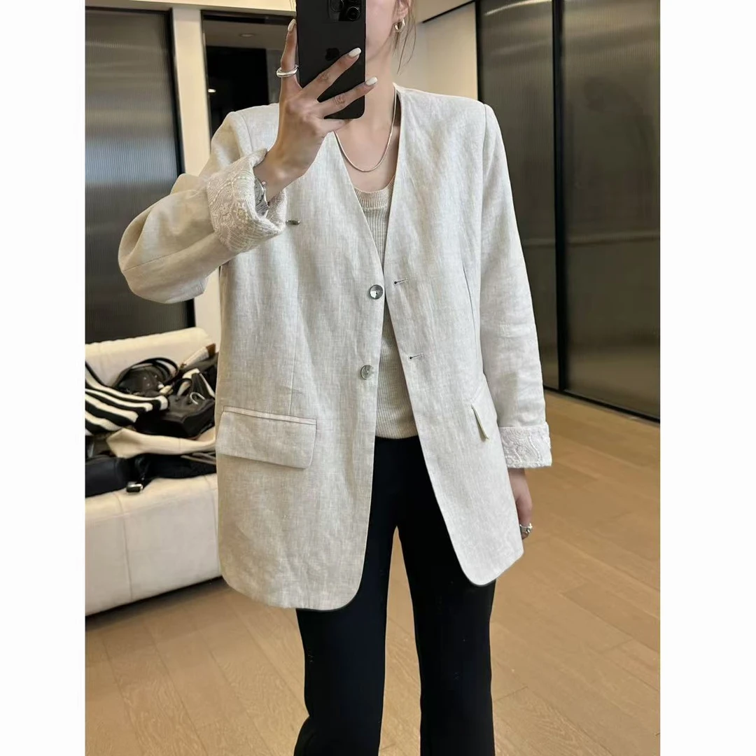 小静静一会【亚麻蕾丝西装】2025春款极简气质外套 2503C773