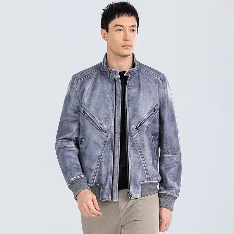 进口头层牛皮喷色油变工艺TF风皮衣外套 251605