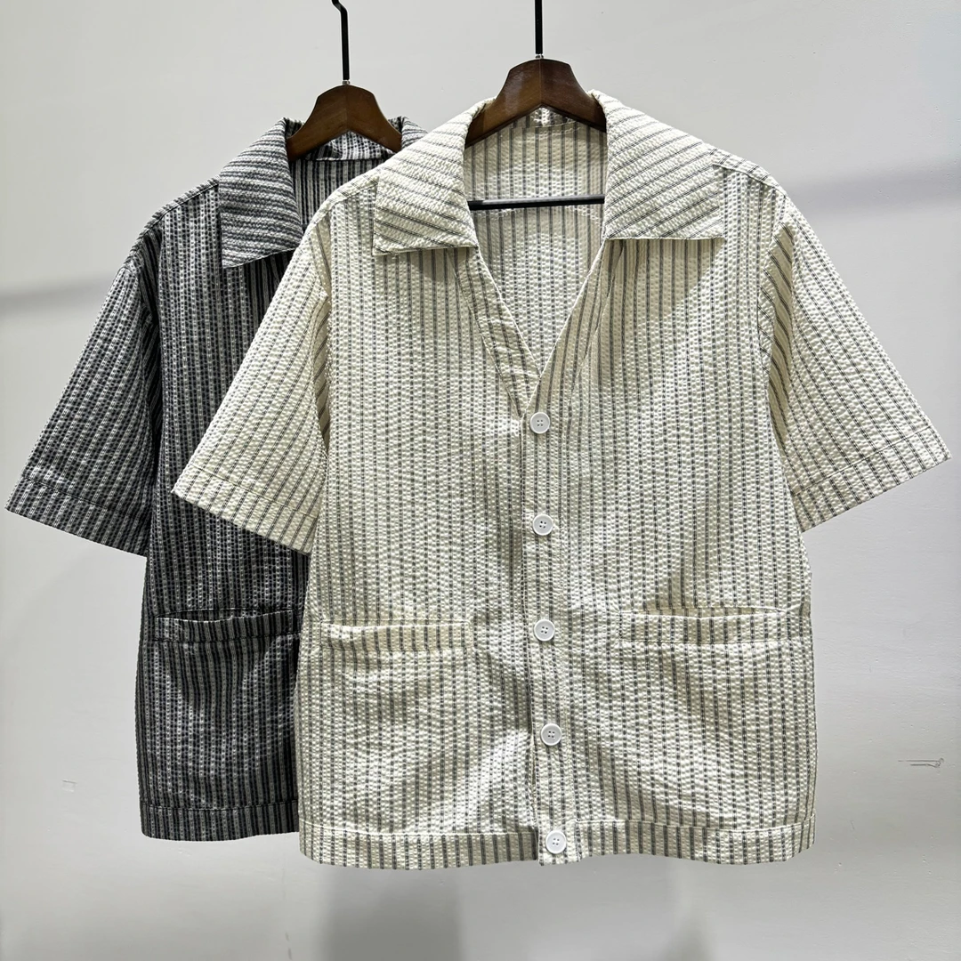 时尚百搭显瘦竖条纹翻领短袖衬衣潮INS男士夏季休闲韩版宽松衬衫